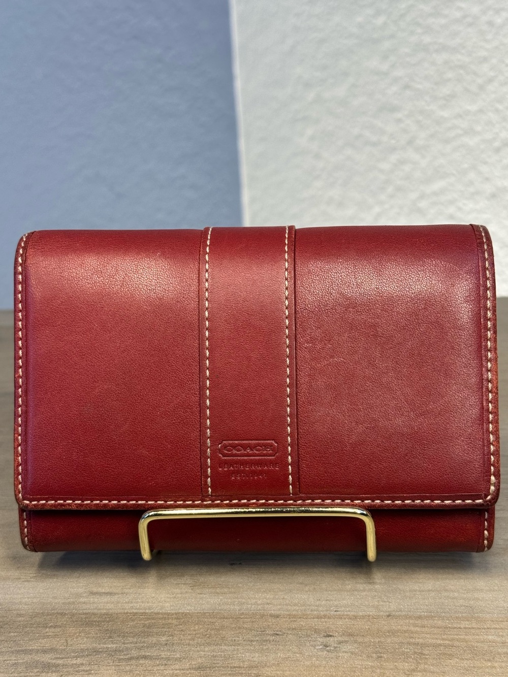 Vintage Coach Leatherware Est. 1941 Red Leather Trifold Wallet Contrast Stitch